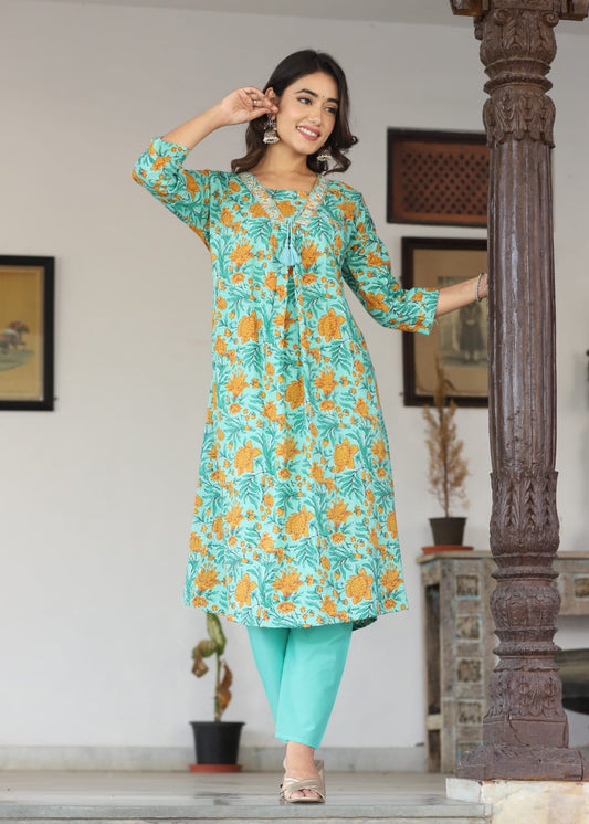 Cotton green kurta pant set