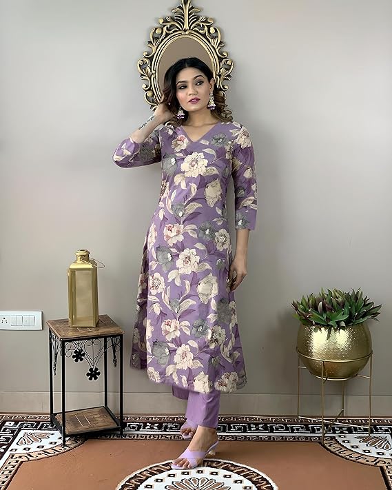 Purple 💜 Printed Rayon kurti with pant set