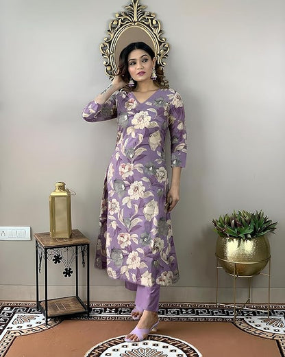 Purple 💜 Printed Rayon kurti with pant set