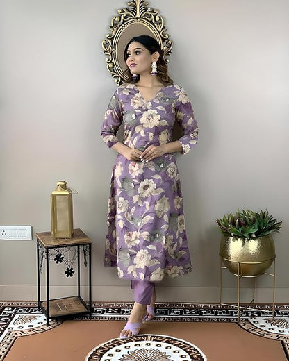 Purple 💜 Printed Rayon kurti with pant set