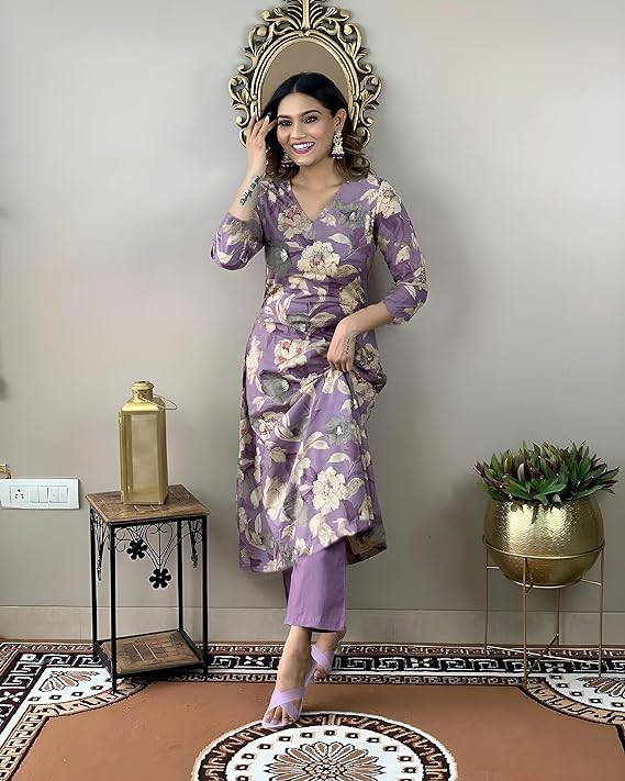 Purple 💜 Printed Rayon kurti with pant set