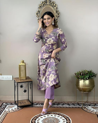 Purple 💜 Printed Rayon kurti with pant set