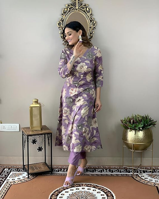 Purple 💜 Printed Rayon kurti with pant set